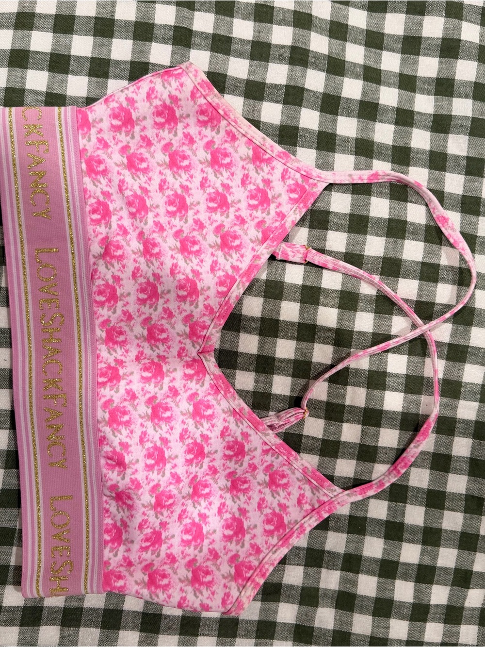 LoveShackFancy Pink Floral Stretch Bralette with Gold Logo Band